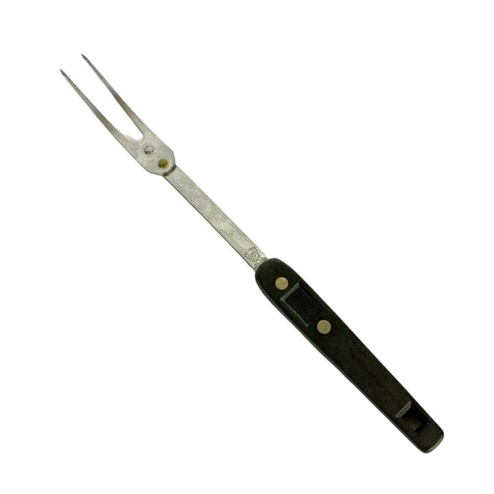Ekco Forge Stainless Steel Meat Carving Fork Black Riveted Handle USA Vintage